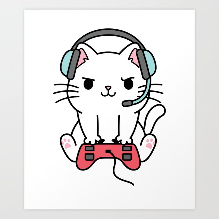 Video Game Playing Cat Art Print by Me 2 a Tee Creations
